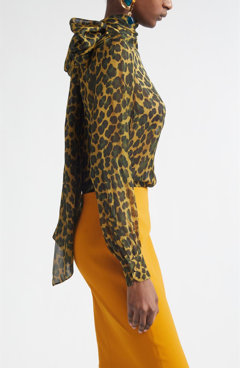 Saint Laurent Leopard Print Silk Top, Alternate, color, Ocre/ Vert