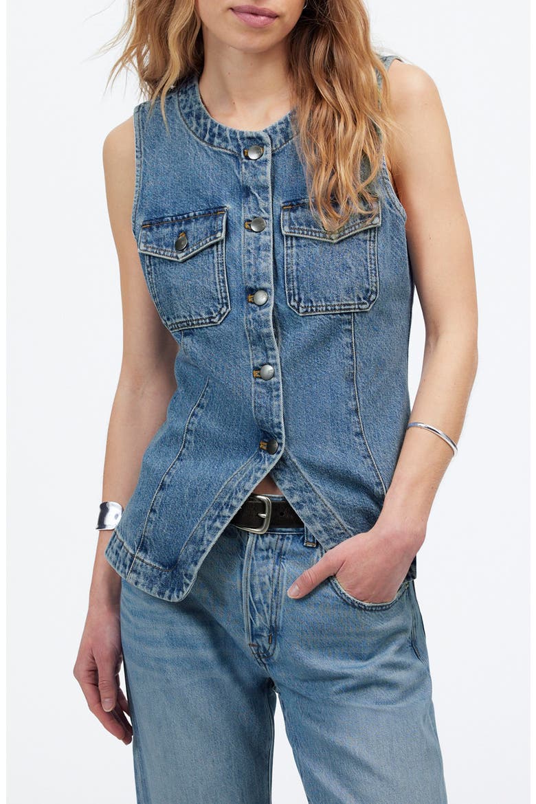 Denim High Crewneck Vest, Main, color, BILLINGS WASH
