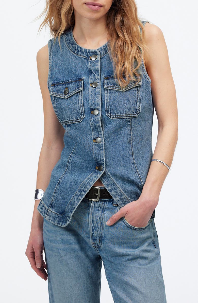 Madewell Denim High Crewneck Vest, Main, color, Billings Wash
