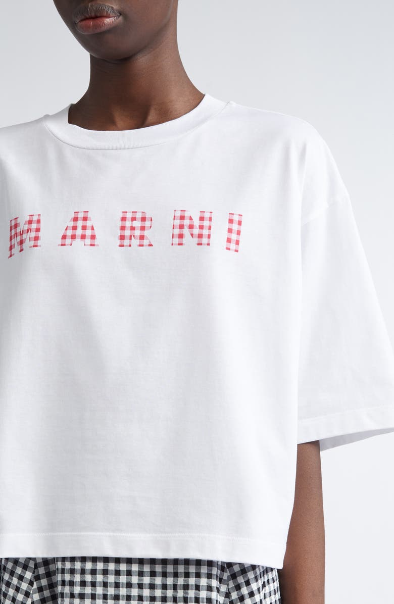 Marni Gingham Logo Boxy Crop Cotton Graphic T-Shirt, Alternate, color, 