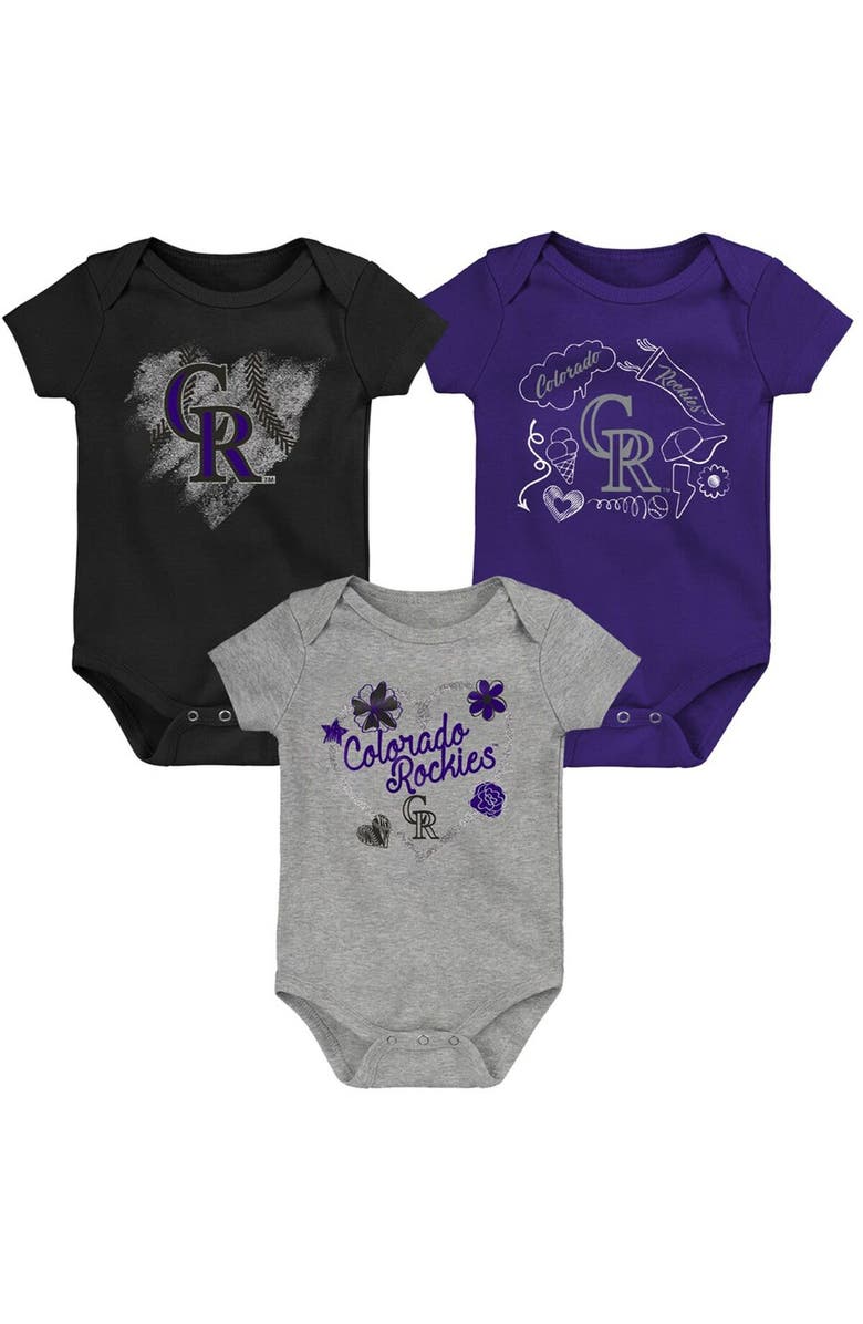 Outerstuff Girls Newborn & Infant Black/Purple/Heathered Gray Colorado Rockies 3-Pack Batter Up Bodysuit Set, Main, color, Black