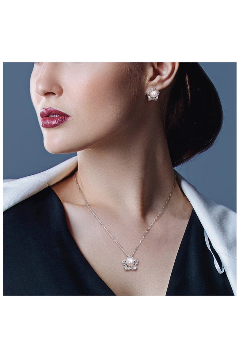 Cultured Freshwater Pearl & Lab Grown White Sapphire Flower Necklace & Earrings Set, Alternate, color, WHITE