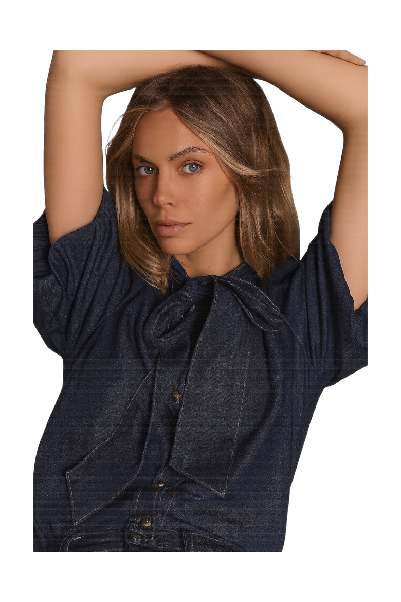 Puff Sleeve Denim Shirt, Alternate, color, Navy