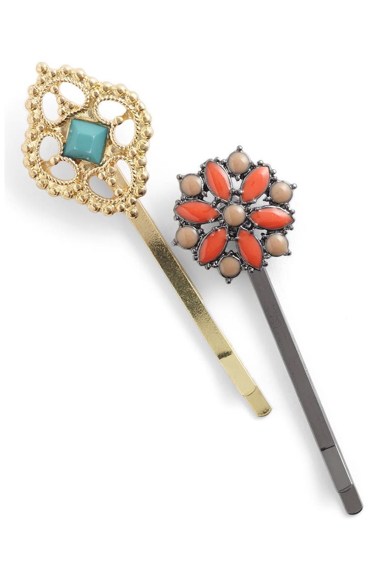 'Alicia' Bobby Pins, Main, color, CORAL/ TURQUOISE