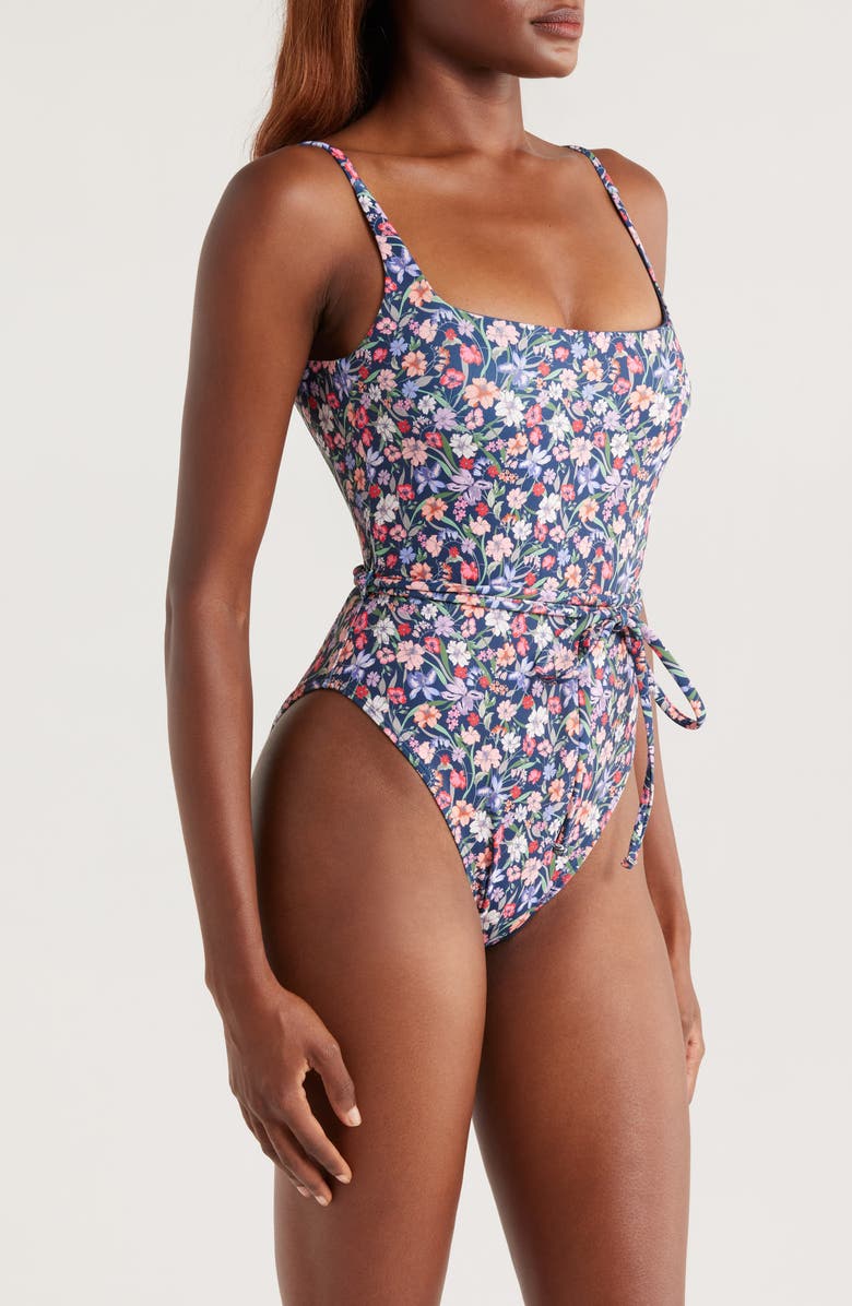 Hutch Tie Belt One-Piece Swimsuit, Alternate, color, Navy Garden