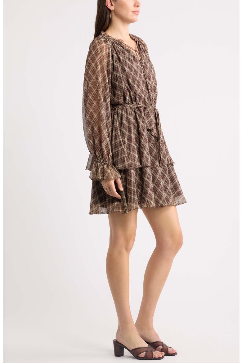 Floral Chiffon Tiered Minidress, Alternate, color, BROWN PLAID