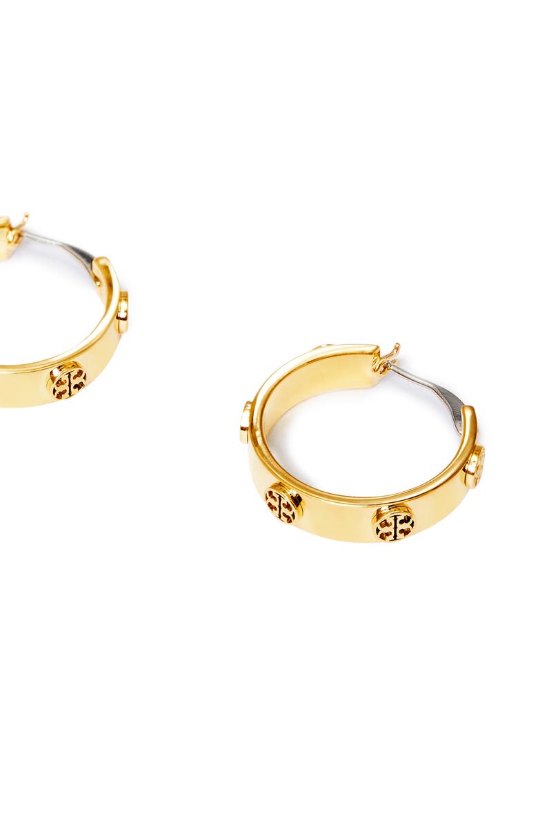 Tory Burch Thin Icon Hoop Earrings, Alternate, color, Tory Gold