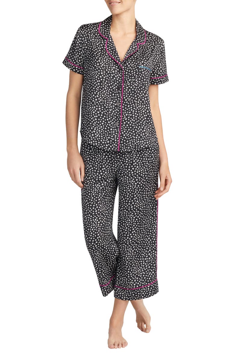 Room Service Satin Pajama Top, Main, color, BLACK / WHITE STAR TOSS
