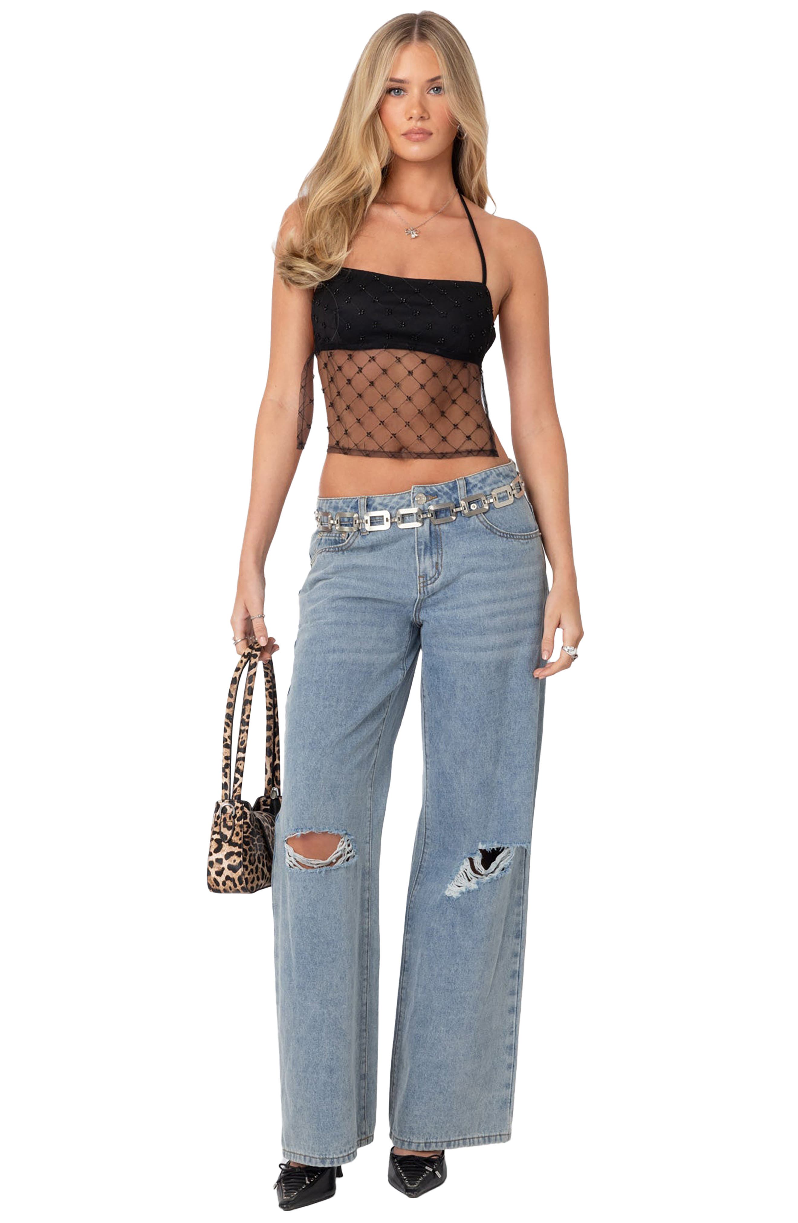 Beaded Open Back Sheer Mesh Halter Top - image 2