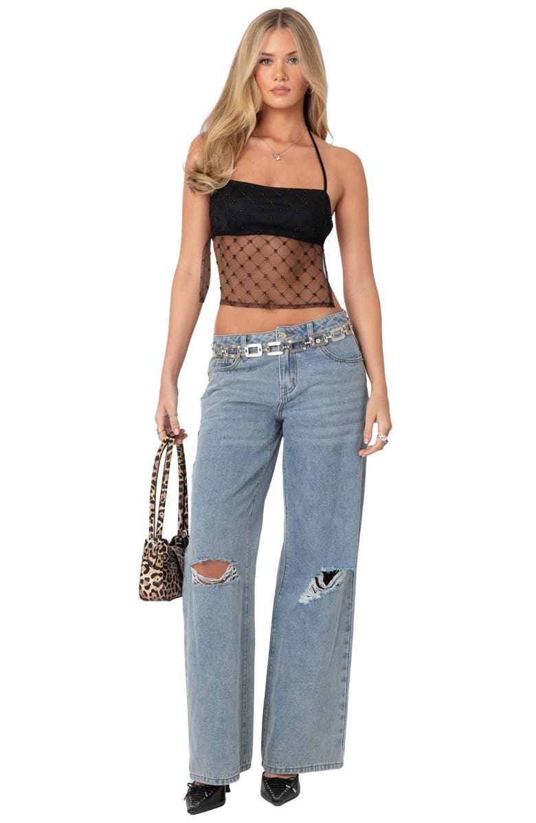 EDIKTED Beaded Open Back Sheer Mesh Halter Top, Alternate, color, Black