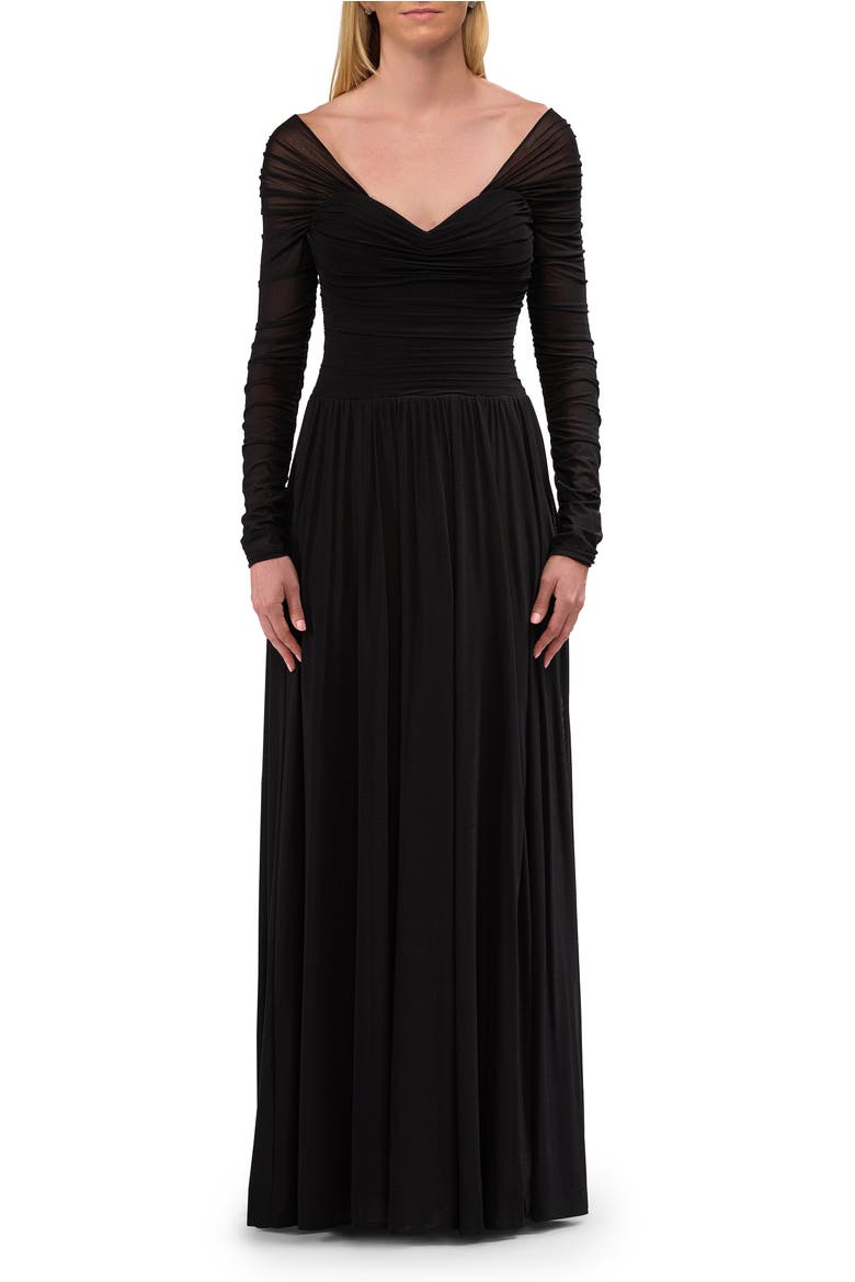 Off the Shoulder Net Jersey Gown with Long Sleeves, Main, color, Black