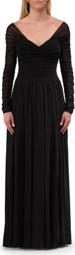 La Femme Off the Shoulder Net Jersey Gown with Long Sleeves