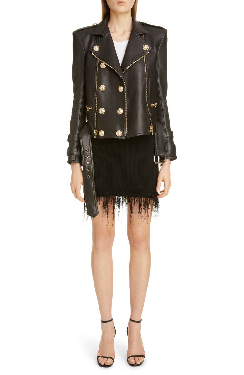 Balmain Lambskin Leather Moto Jacket, Alternate, color, 