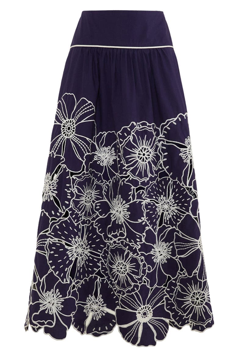 Flowers Richelieu Cotton Midi Skirt, Alternate, color, BLUE