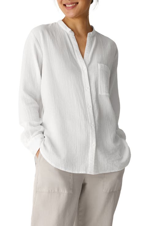 Eileen Fisher Mandarin Collar Textured Organic Cotton Tunic (Regular & Petite)