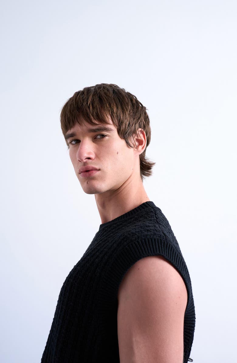 Topman Cable Stitch Sweater Vest, Alternate, color, Black