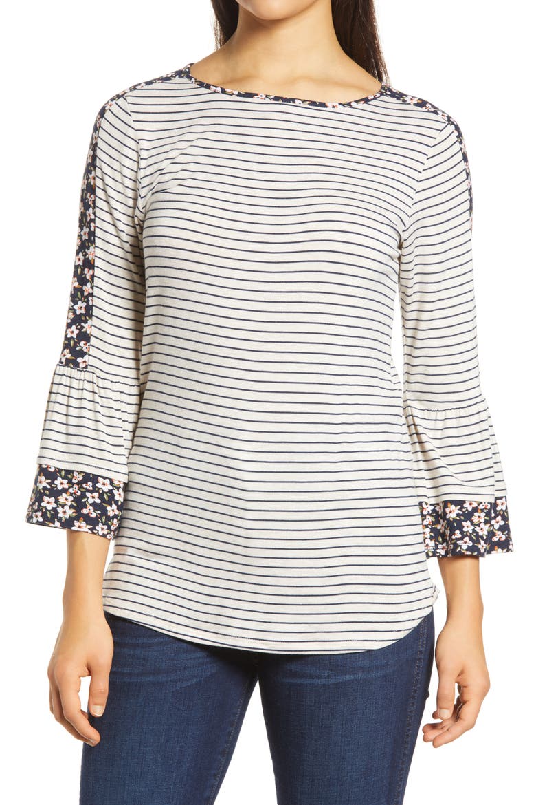 Floral Stripe Flounce Sleeve Top, Main, color, OATMEAL/ NAVY