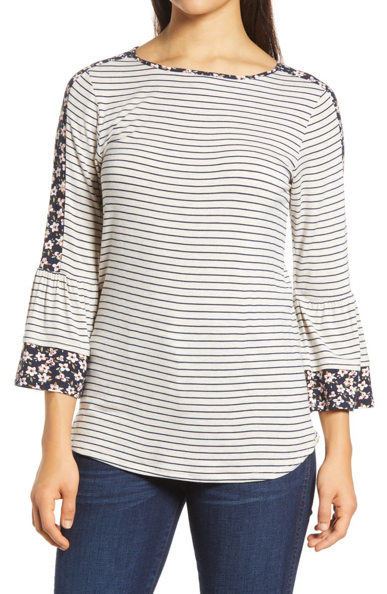 Loveappella Floral Stripe Flounce Sleeve Top, Main, color, 