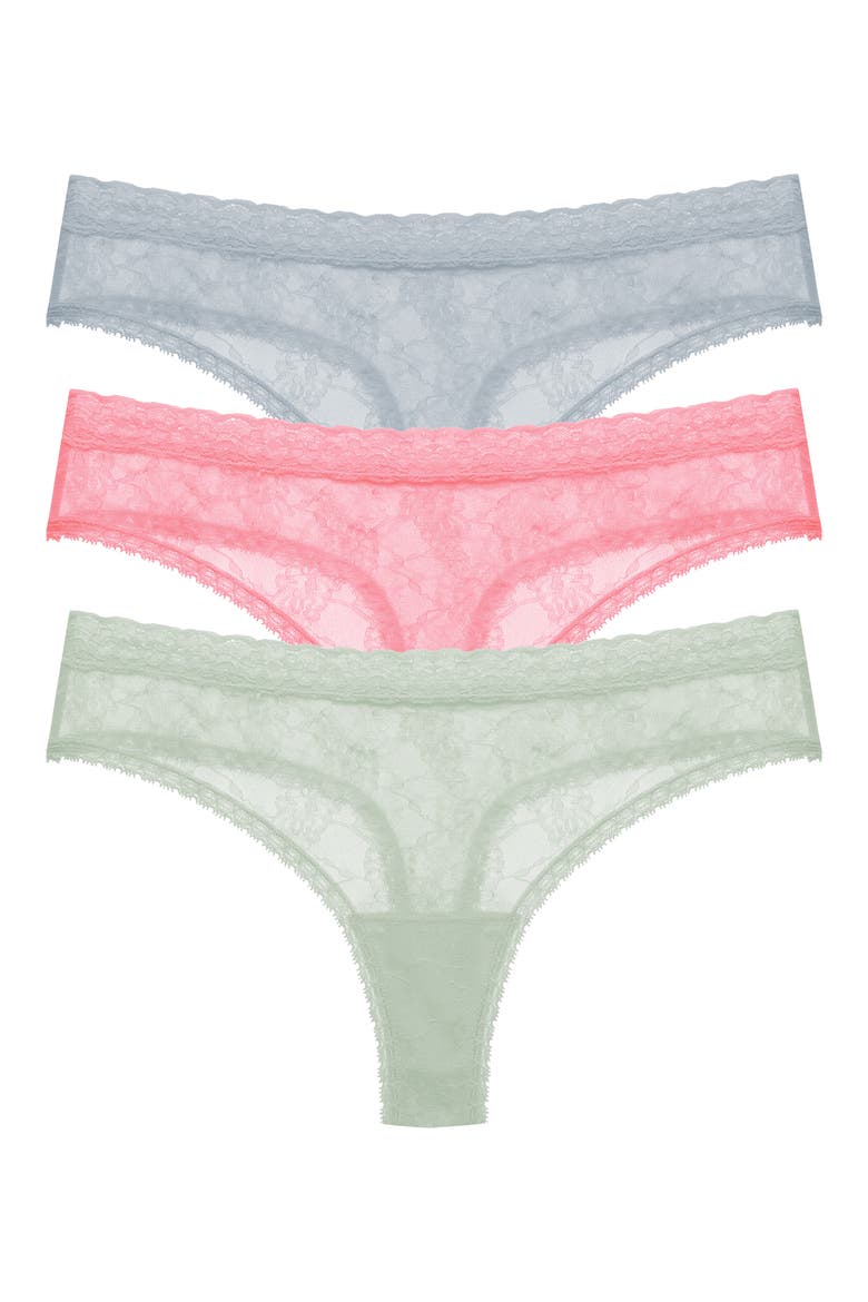 Bliss Alure 3-Pack Lace Thongs, Main, color, BL/ ROS/ DEW