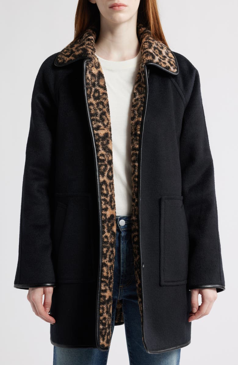 Bernardo Leopard Print Collar Felt Coat, Alternate, color, Black / Leopard Print