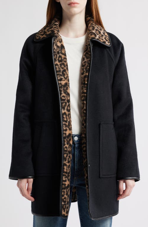 Bernardo Leopard Print Collar Felt Coat In Black