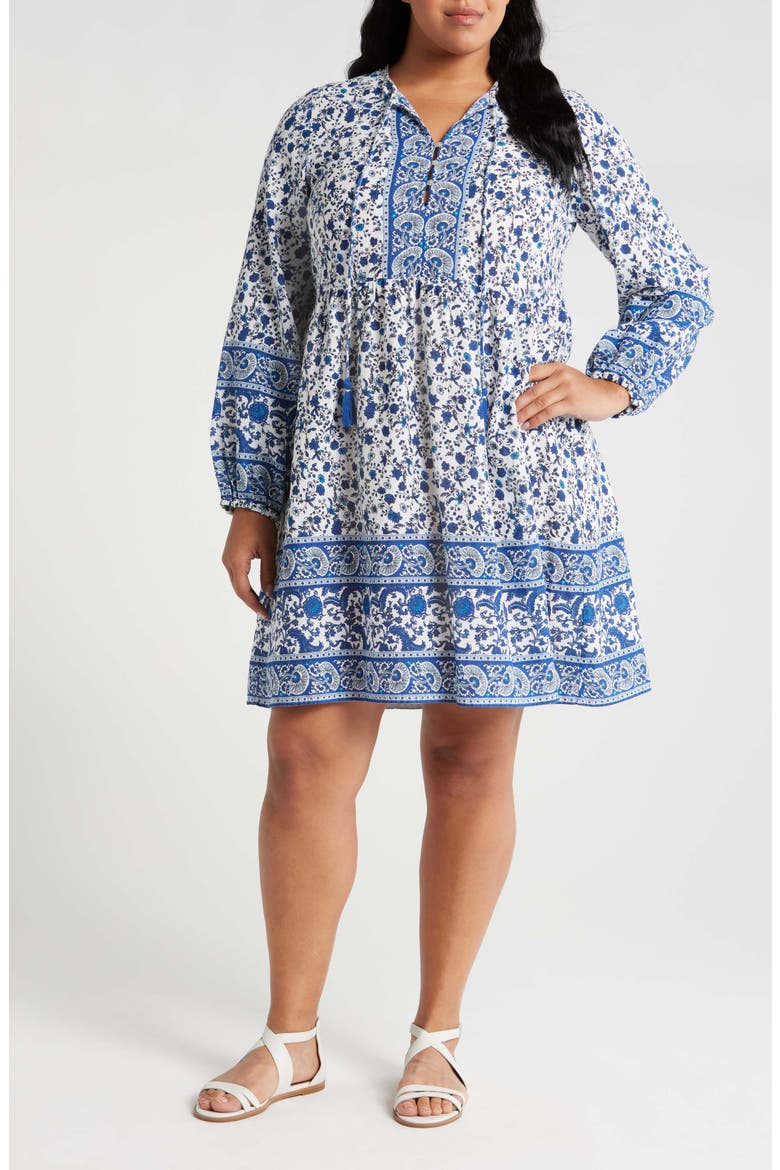 Milan Long Sleeve Organic Cotton Tunic Dress, Main, color, SNOW WHITE MILAN MAZARIN BLUE