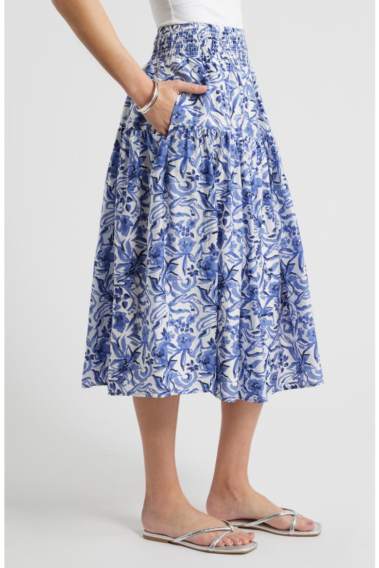 Tiered Print Midi Skirt, Alternate, color, IVORY- NAVY DAISY GARDEN