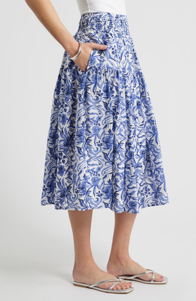 Caslon<sup>®</sup> Tiered Print Midi Skirt, Alternate, color, Ivory- Navy Daisy Garden