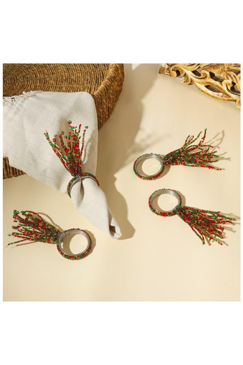 Holly Berry Fireworks Set of 4 Napkin Rings, Alternate, color, RED/ GREEN