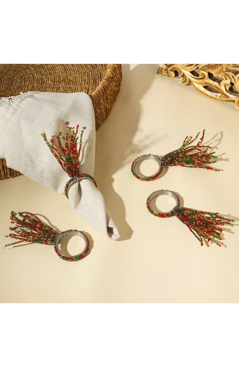 Tiramisu Holly Berry Fireworks Set of 4 Napkin Rings, Alternate, color, Red/ Green