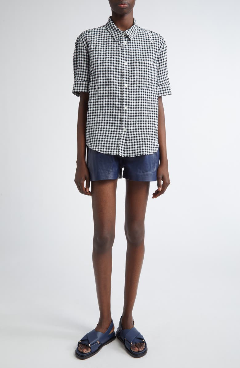 Marni Pleated Leather Shorts, Alternate, color, Blue