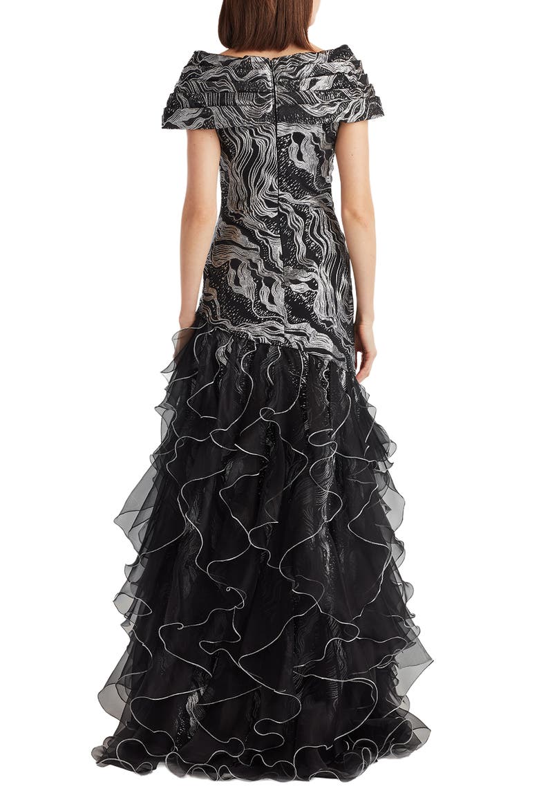 Jacquard Lace & Ruffle Gown, Alternate, color, SILVER/ BLACK