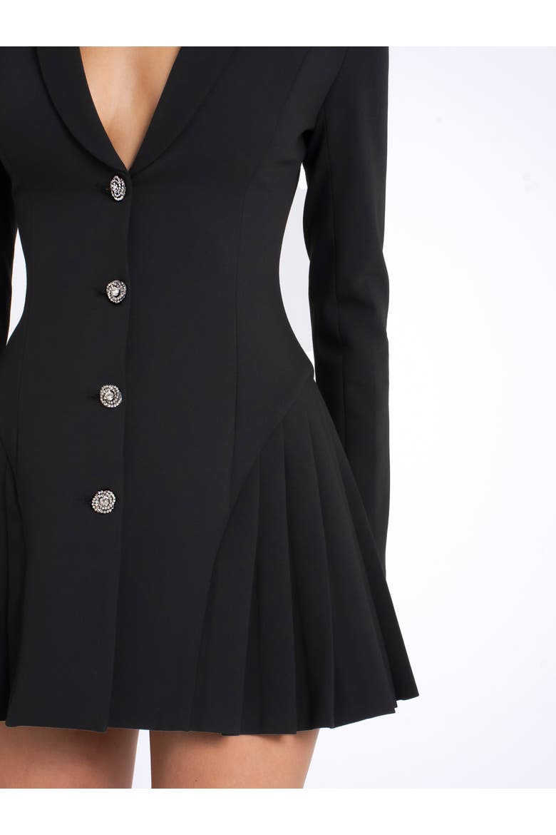 Ria Blazer Mini Dress with Crystal Button and Pleated Detail, Alternate, color, Black