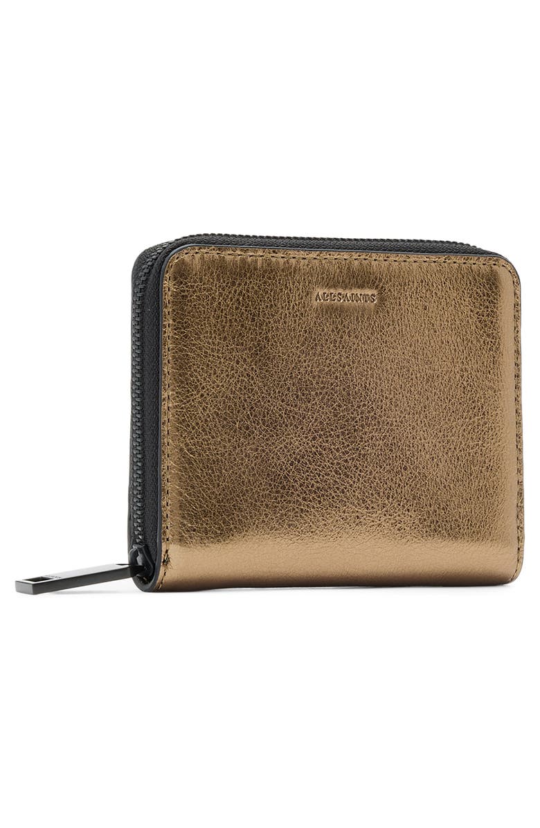 AllSaints Lena Hex Metallic Leather Zip Wallet, Alternate, color, Warm Brass