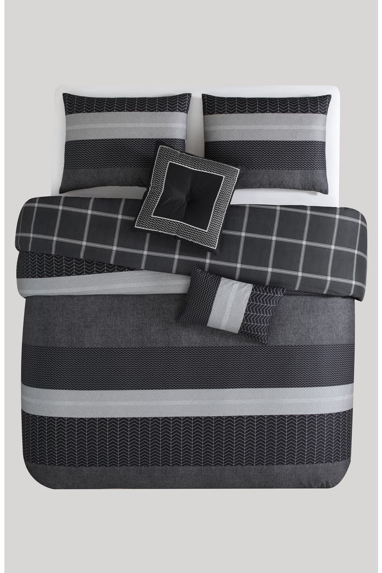 Kyle Grid Print 5-Piece Reversible Comforter Set, Alternate, color, BLACK