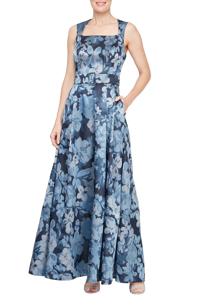 Alex Evenings Floral A-Line Gown, Main, color, Blue/Multi