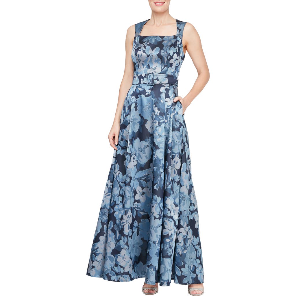 Alex Evenings Floral A-line Gown In Blue/multi