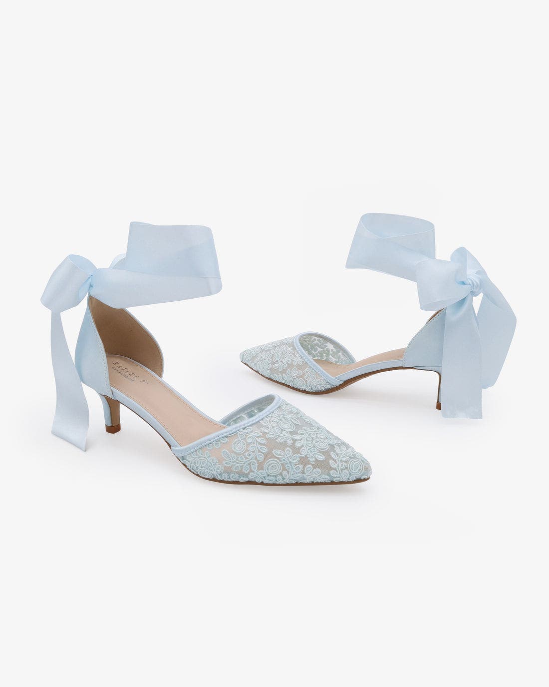Claudia Crochet Lace Pointy Toe Wedding Kitten Low Heel with Wrapped Satin Ribbon Tie, Alternate, color, Light Blue