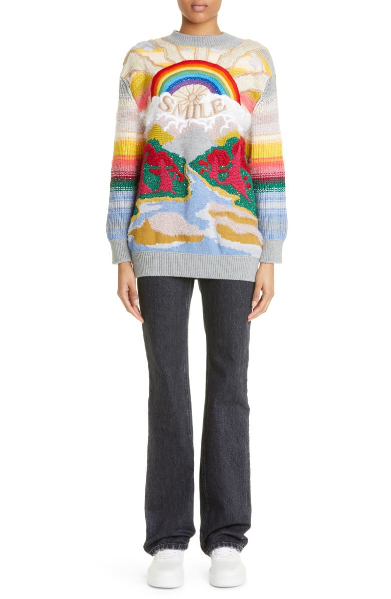 Stella McCartney Festive Smile Intarsia Crewneck Wool Blend Sweater, Alternate, color, 