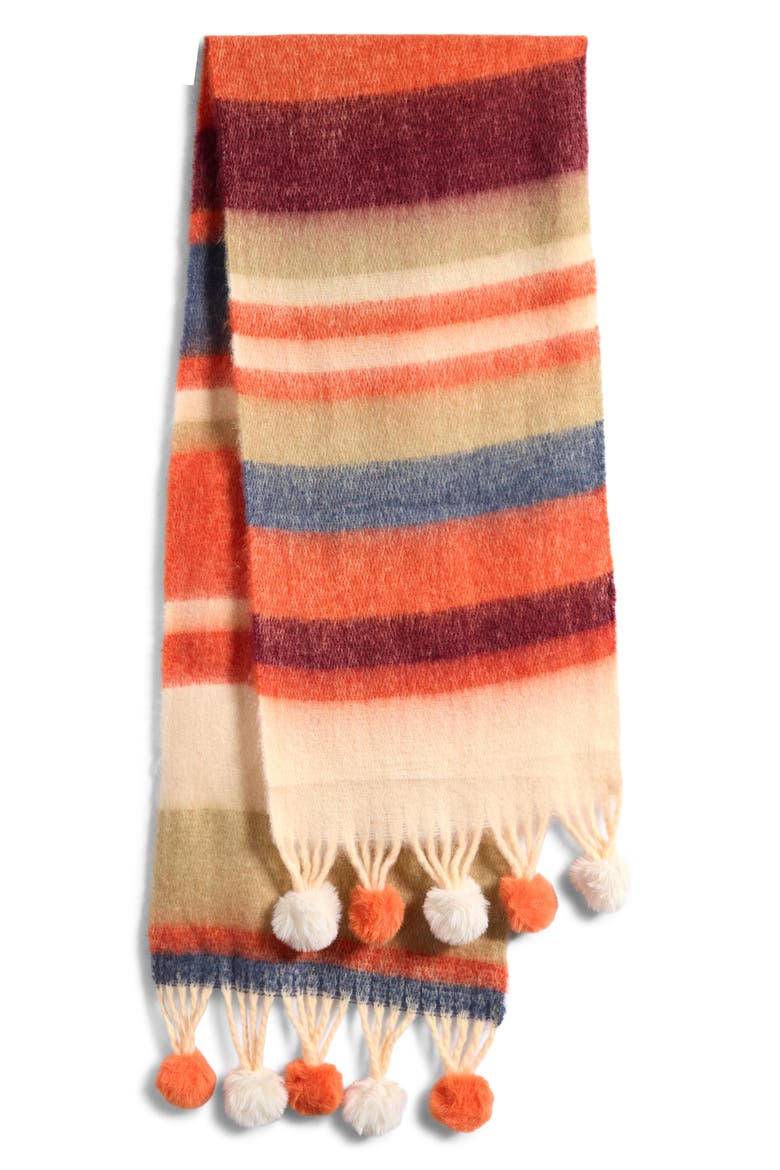 Stripe Scarf with Faux Fur Pom Fringe, Alternate, color, BEIGE MULTI