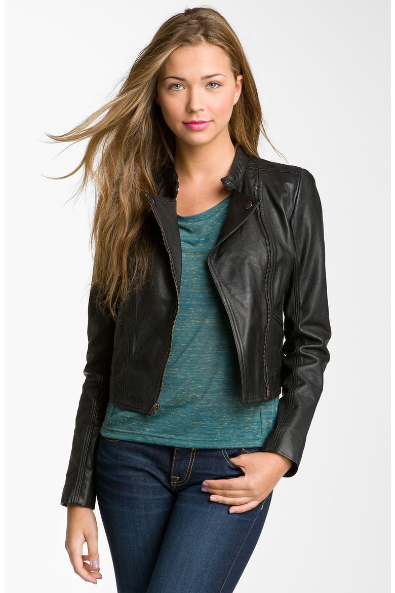 Crop Leather Biker Jacket, Main, color, BLACK