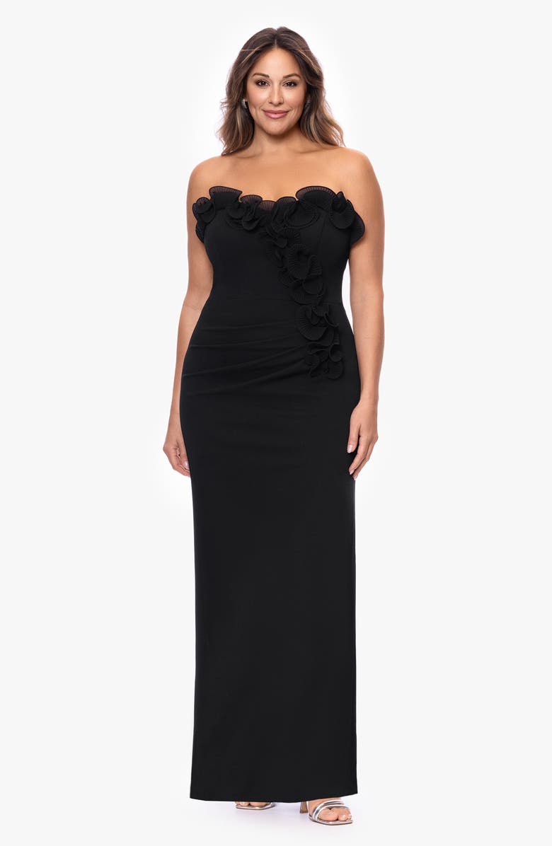 Xscape Evenings Pleat Ruffle Strapless Scuba Gown, Alternate, color, Black