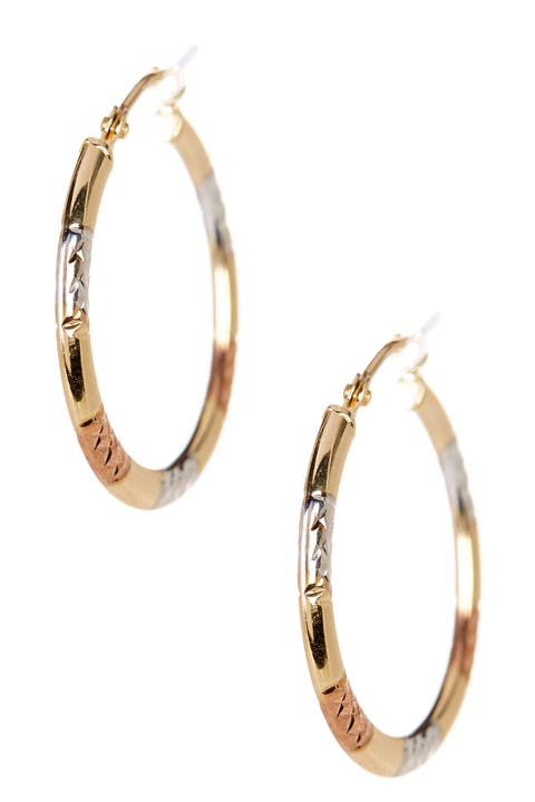 14K Tricolor Gold Shiny 22mm Diamond-Cut Fancy Hoop Earrings