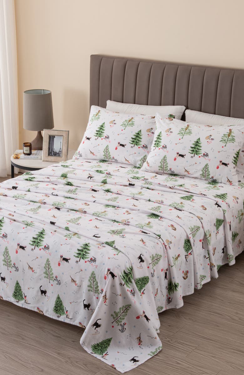 Woven & Weft Turkish Cotton Flannel Holiday Sheet Set, Main, color, Winter Cats