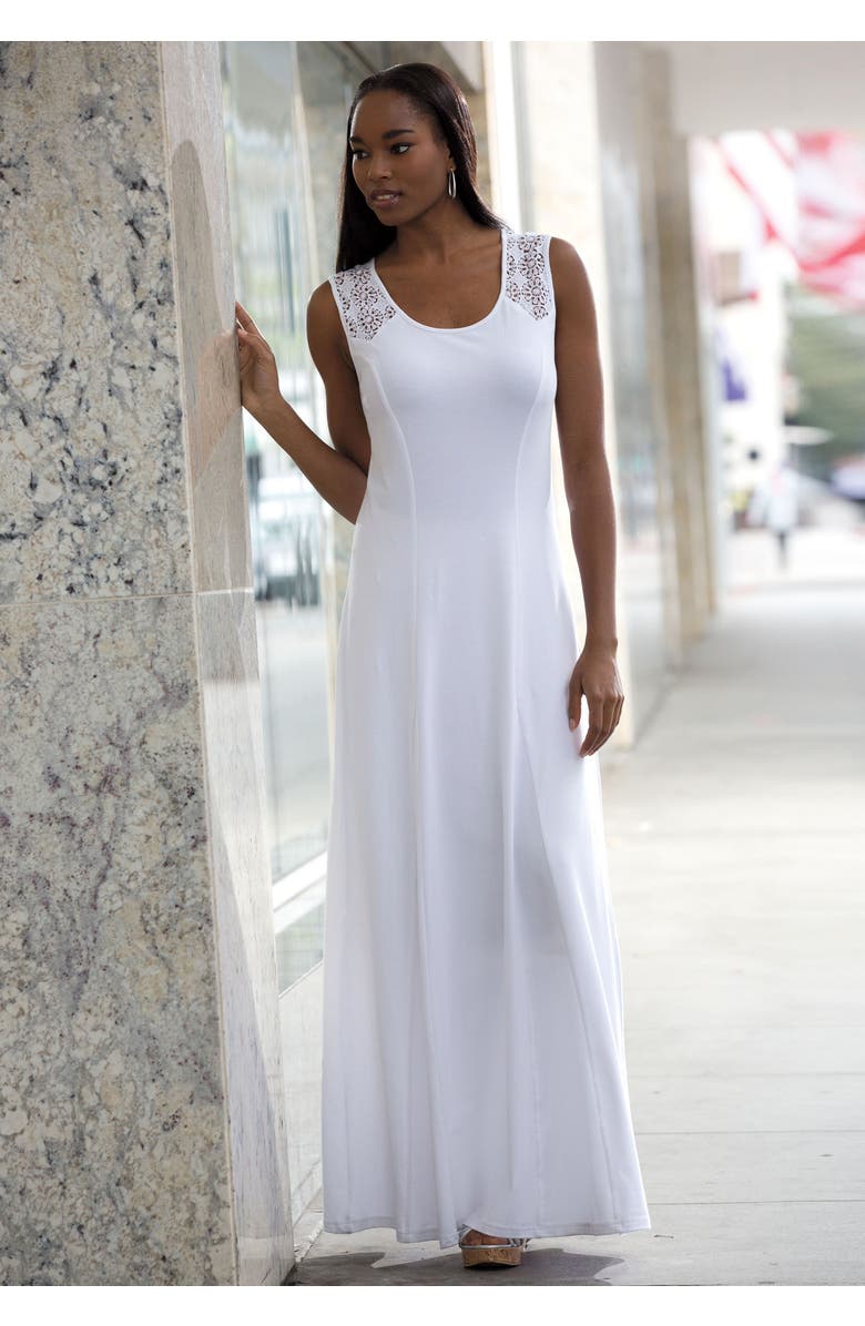 Jessica London Stretch Cotton Crochet-Back Maxi Dress, Alternate, color, White