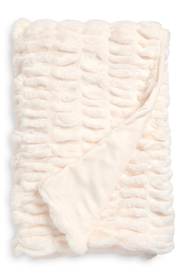 Ruched Faux Fur Throw Blanket, Main, color, IVORY
