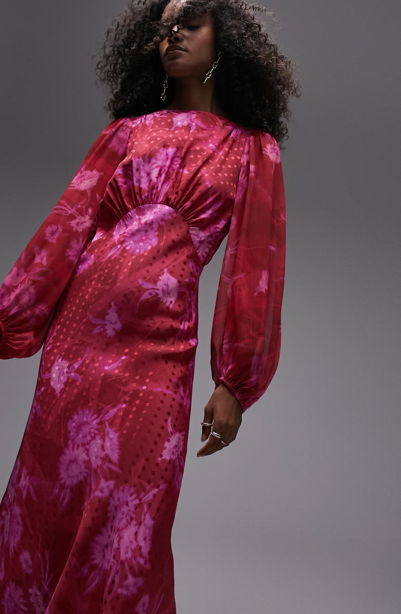 Topshop Floral Jacquard Dot Long Sleeve Dress, Alternate, color, 