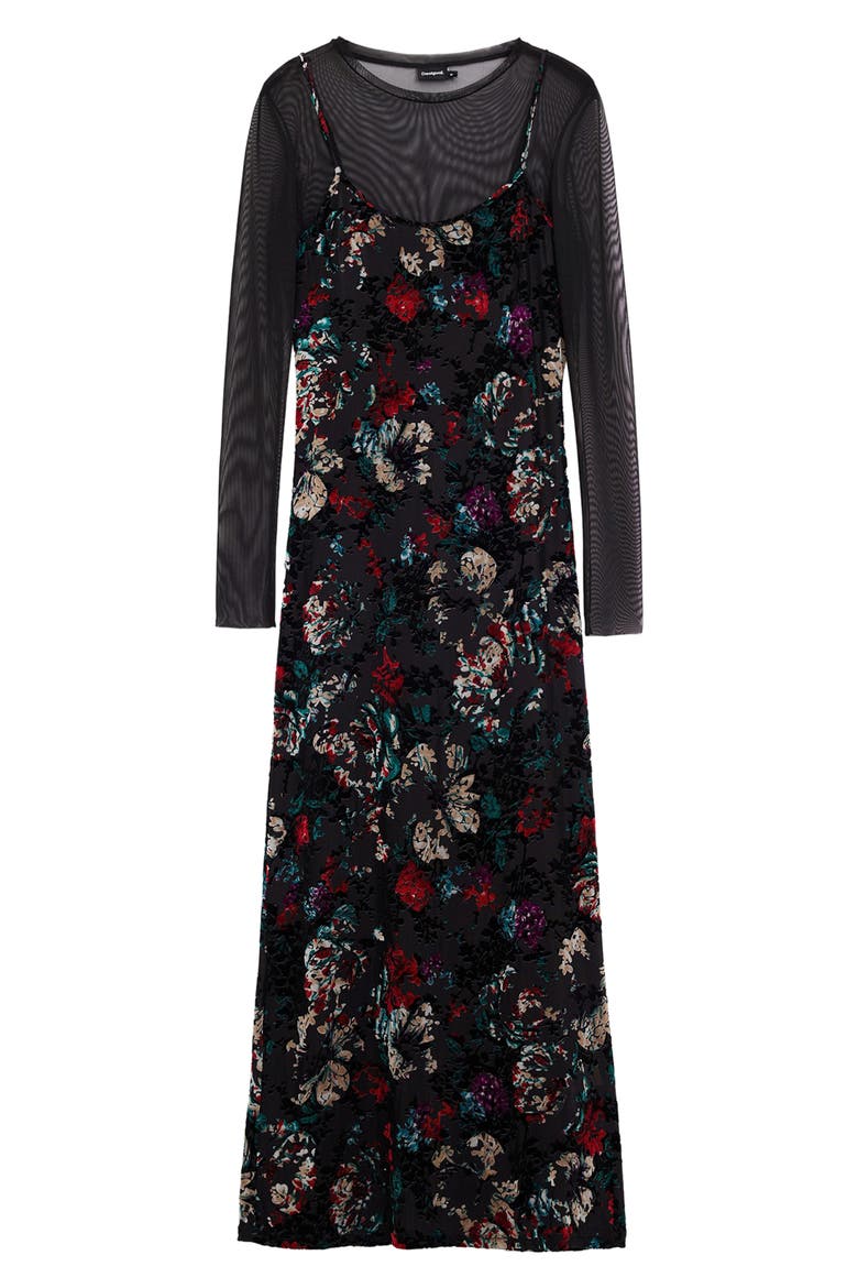 Floral Burnout Long Sleeve Midi Dress, Alternate, color, BLACK