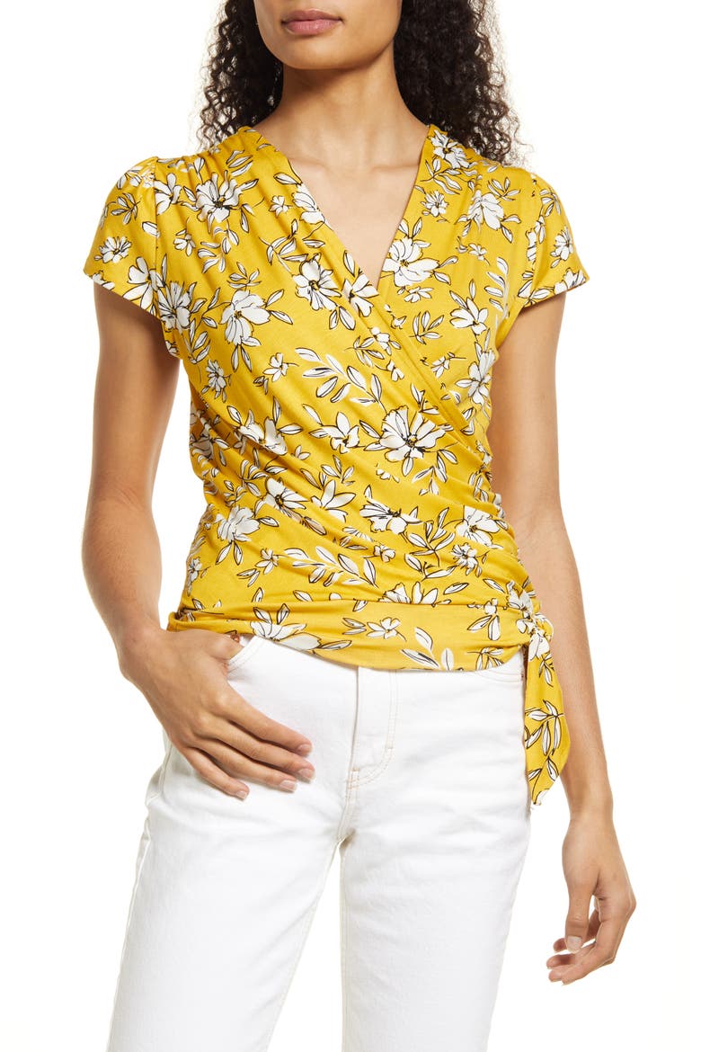 Floral Print Faux Wrap Top, Main, color, SUNFLOWER