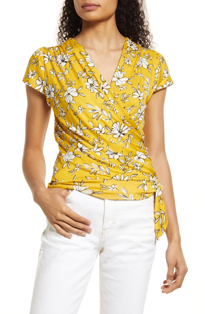 Loveappella Floral Print Faux Wrap Top, Main, color, Sunflower